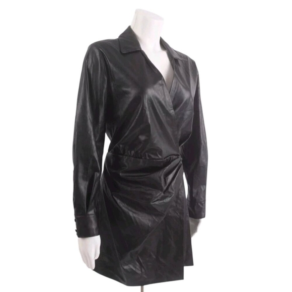 ZARA Faux Leather Wrap Mini Dress Black Long Sleeve Belted Shirt Style Dress S - Picture 3 of 13